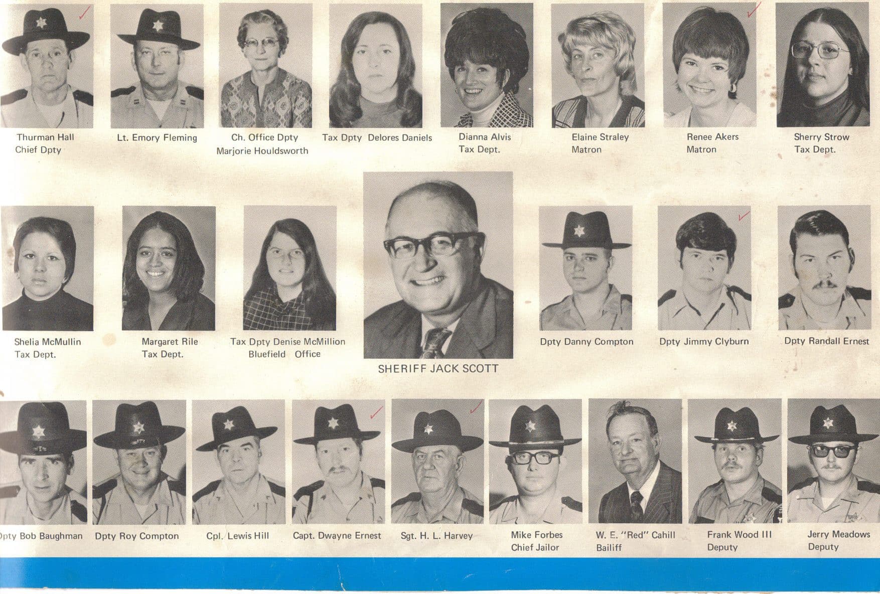 A staff directory from a previous decade with headshots and names.